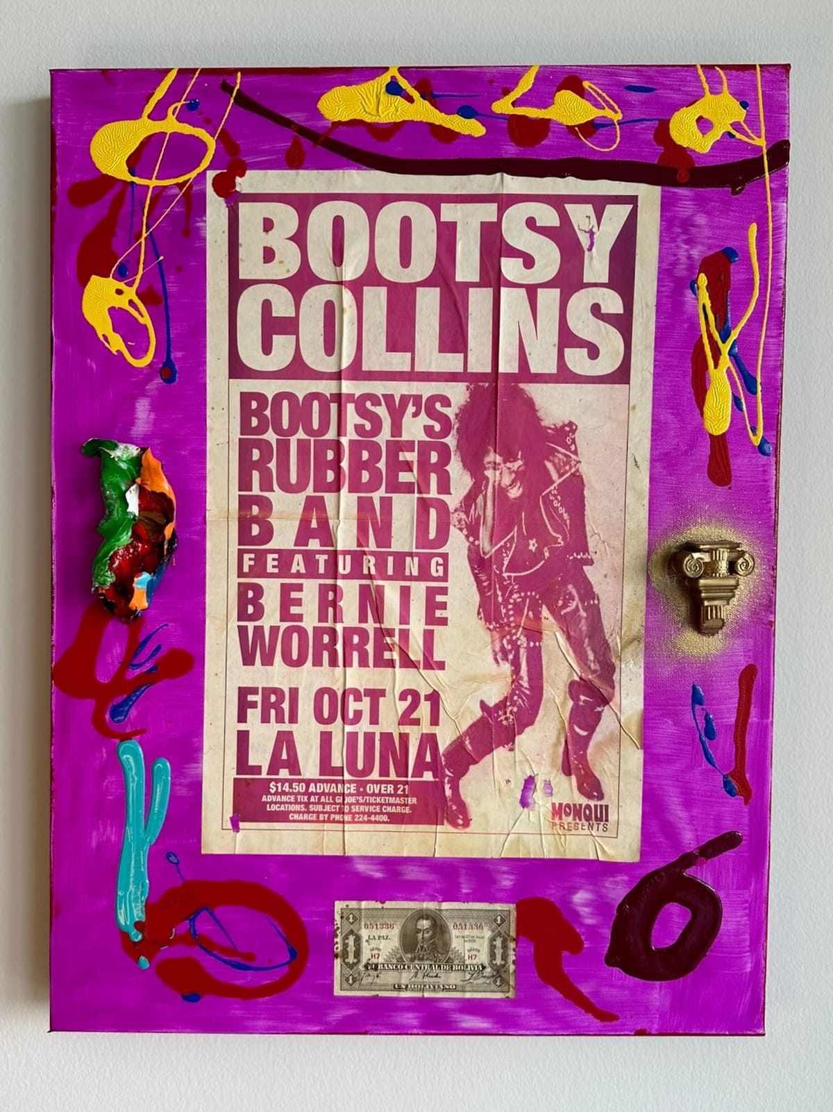 Acrylic, Collage on Canvas - 24" X 18" - Purple - Pink - Bootsy's Rubber Band Featuring Bernie Worrell Fri Oct 21 La Luna